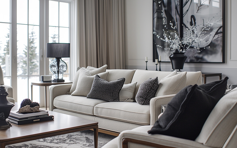 Luxurious living room interior of a rebuilt terraced house.